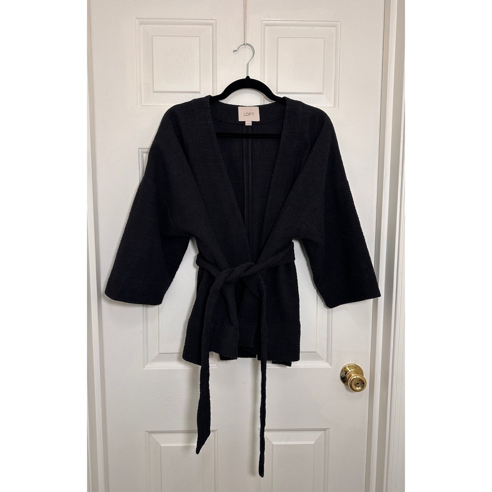 Ann Taylor LOFT Black Textured Kimono Cardigan Belted Jacket Womens M/L - Picture 4 of 5